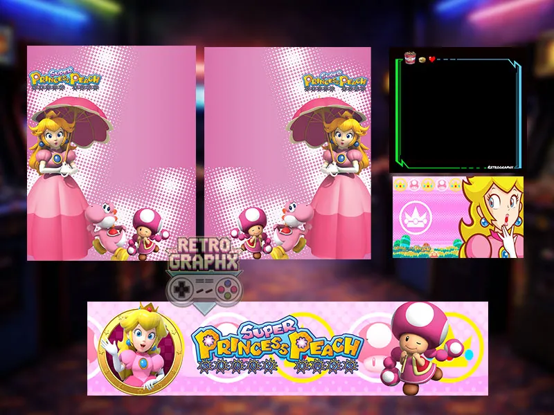 Kit graphique Princess Peach | Design Bartop complet | Fichiers digitaux PDF  PSD - vue d'ensemble du bartop