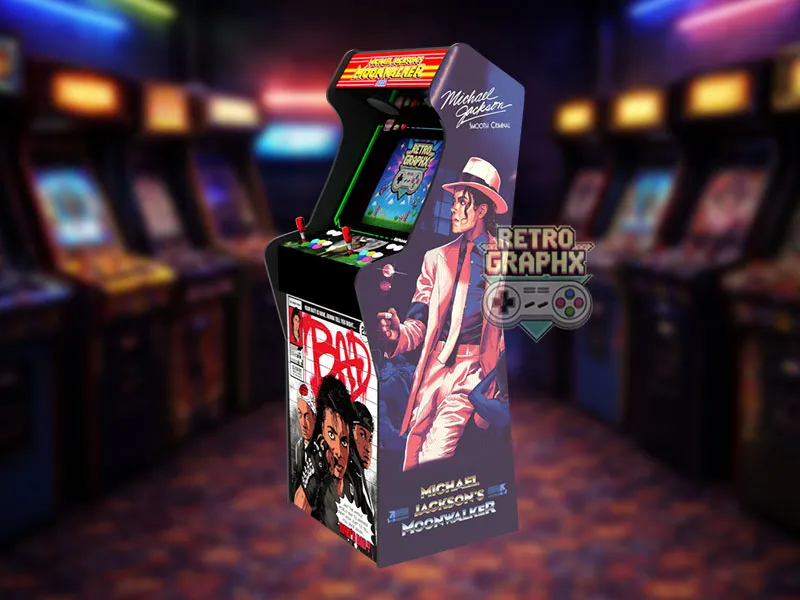 Design arcade Michael jackson | Moonwalker | Design microcenter arcade | Fichiers digitaux PDF  PSD - vue de droite avec marquee illuminé