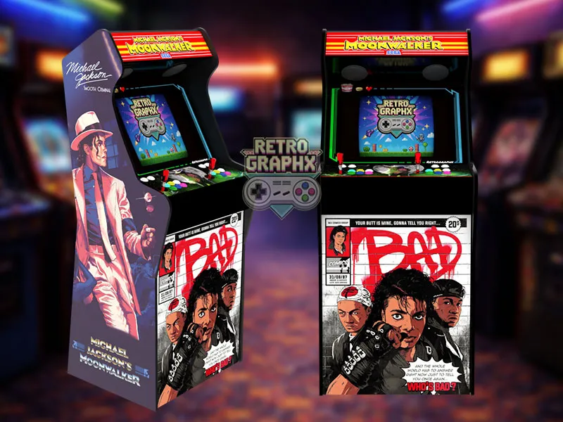 Design arcade Michael jackson | Moonwalker | Design microcenter arcade | Fichiers digitaux PDF  PSD - vue de face avec marquee illuminé