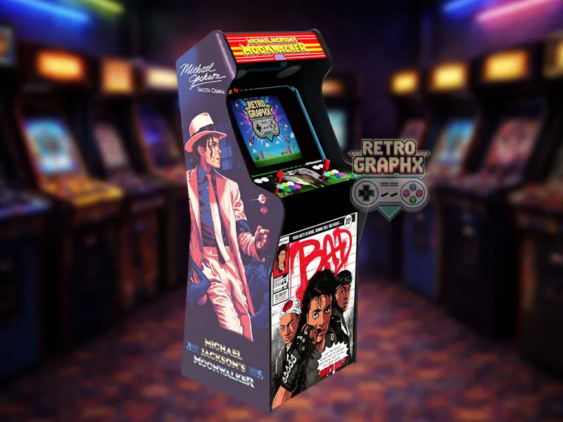 Design arcade Michael jackson | Moonwalker | Design microcenter arcade | Fichiers digitaux PDF  PSD - vue de gauche avec marquee illuminé