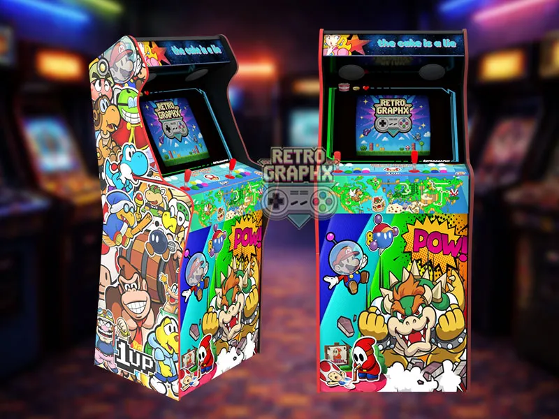 Design arcade Mario origami | Design arcade complet | Fichiers digitaux PDF  PSD - vue de face avec marquee illuminé