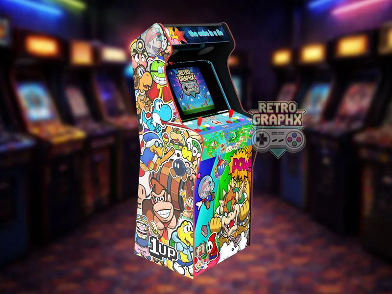 Design arcade Mario origami | Design arcade complet | Fichiers digitaux PDF  PSD - vue de gauche avec marquee illuminé