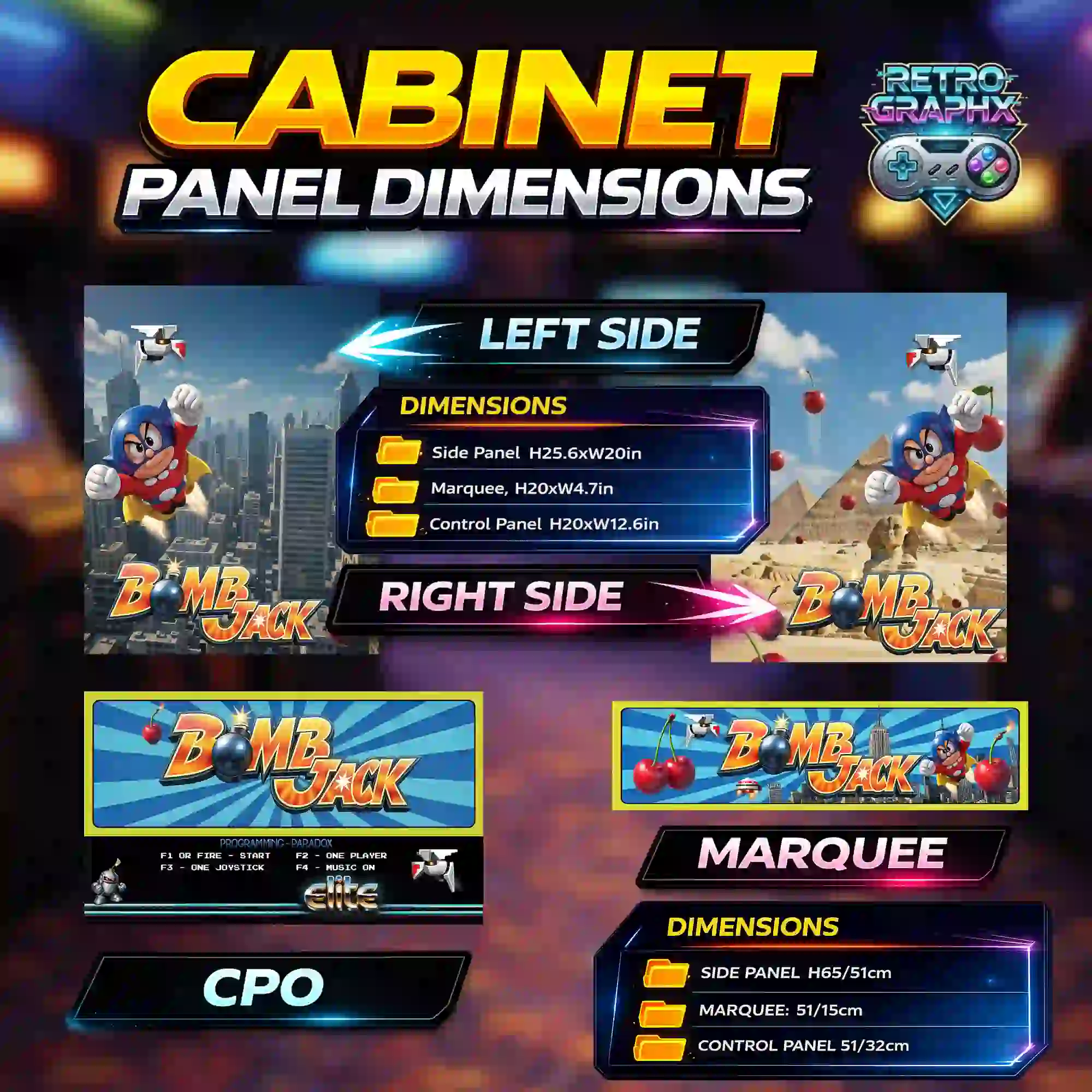 Kit graphique BombJack Bartop — Kit graphique PDF/PSD pour borne d'arcade  - vue du dessus du bartop