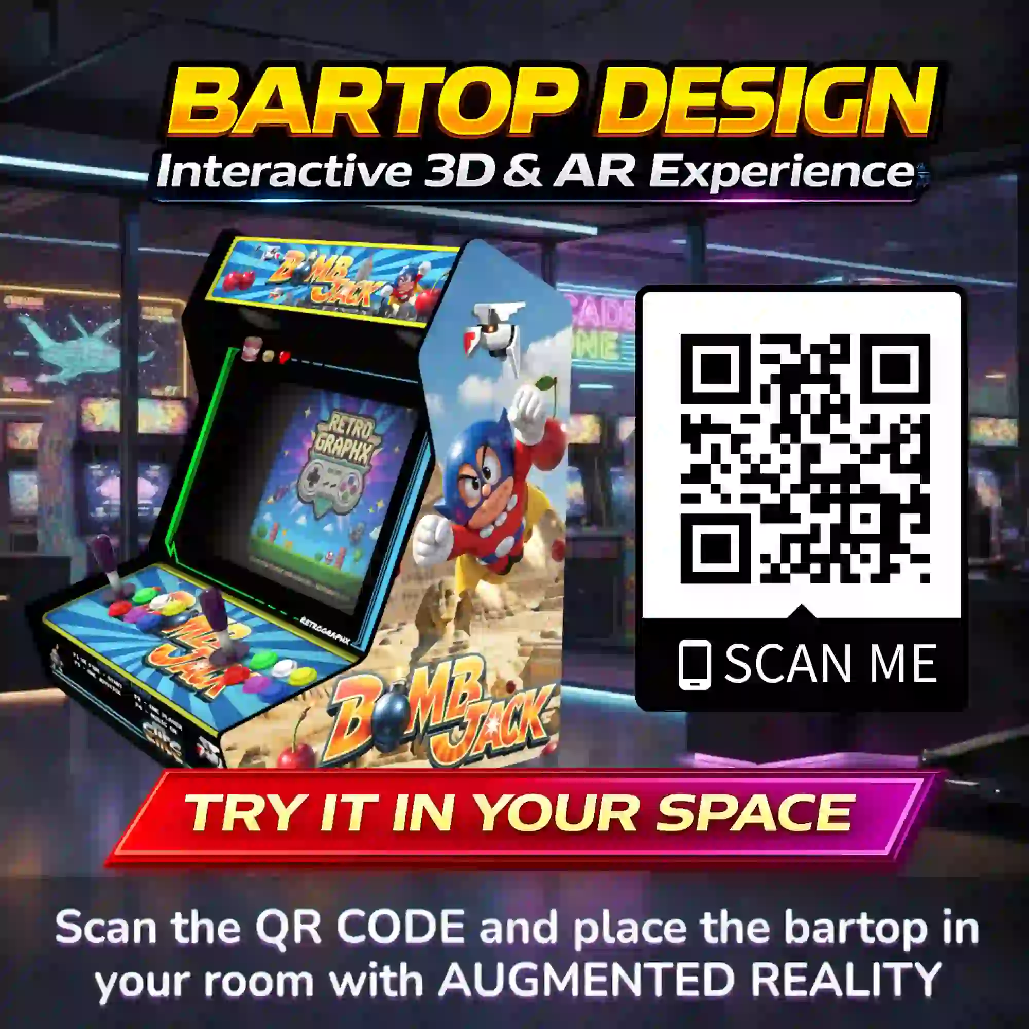 Kit graphique BombJack Bartop — Kit graphique PDF/PSD pour borne d'arcade  - vue du dessus du bartop