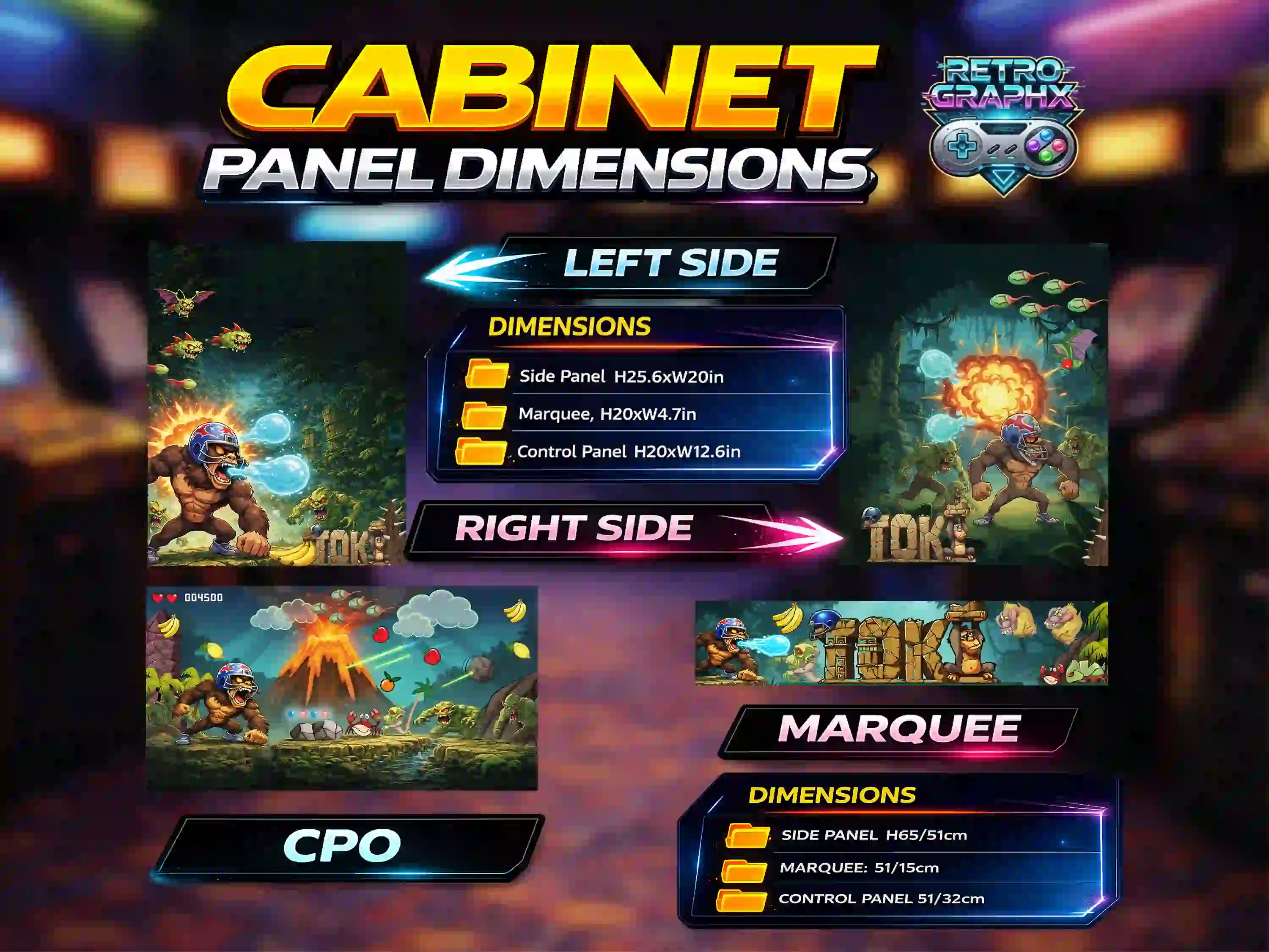 Kit graphique Toki arcade Design Bartop| Fichiers digitaux PDF  PSD - vue d'ensemble du bartop