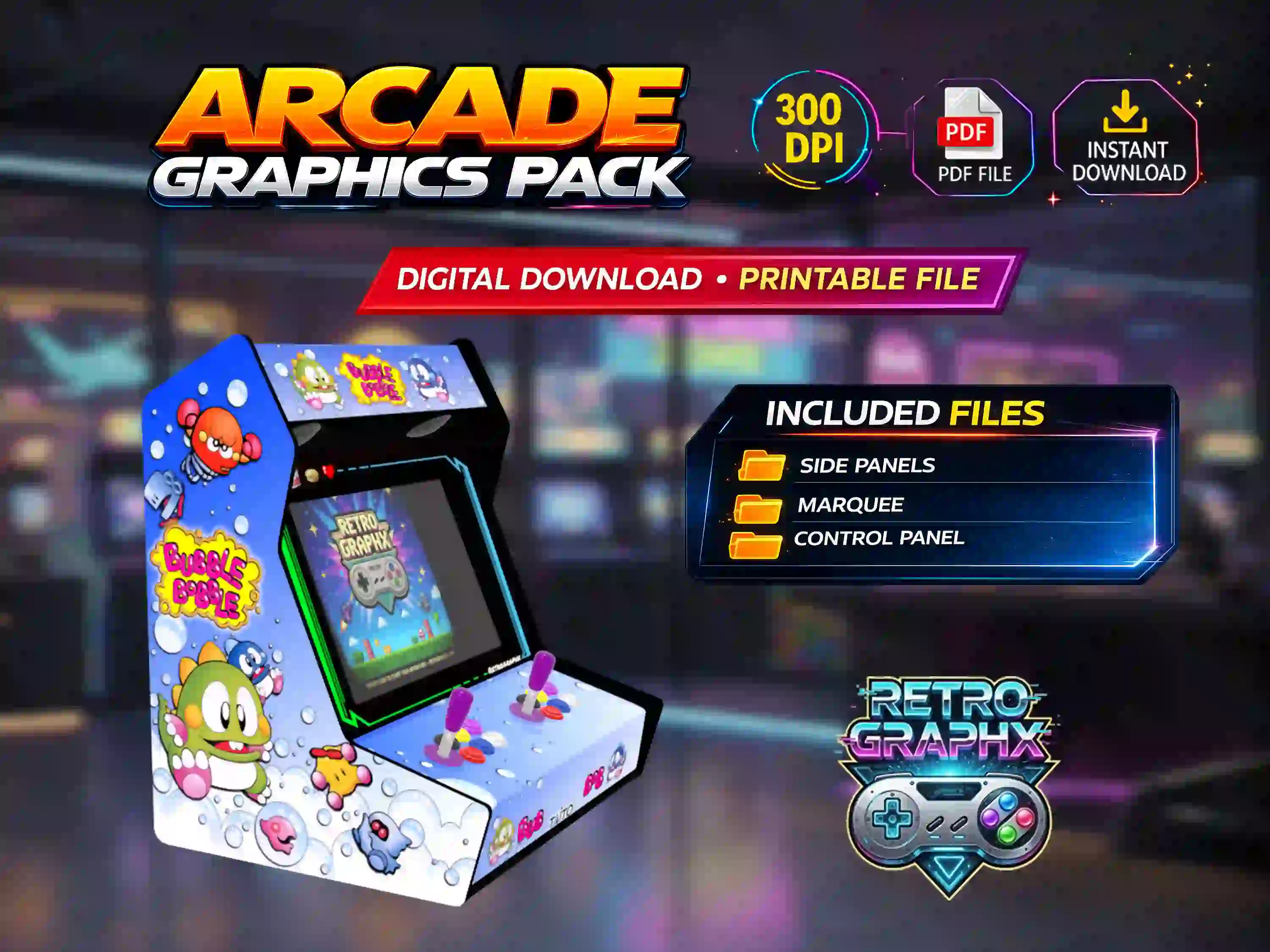 Kit graphique bubble bobble | Design bartop complet | Fichiers digitaux PDF  PSD - vue de face du bartop
