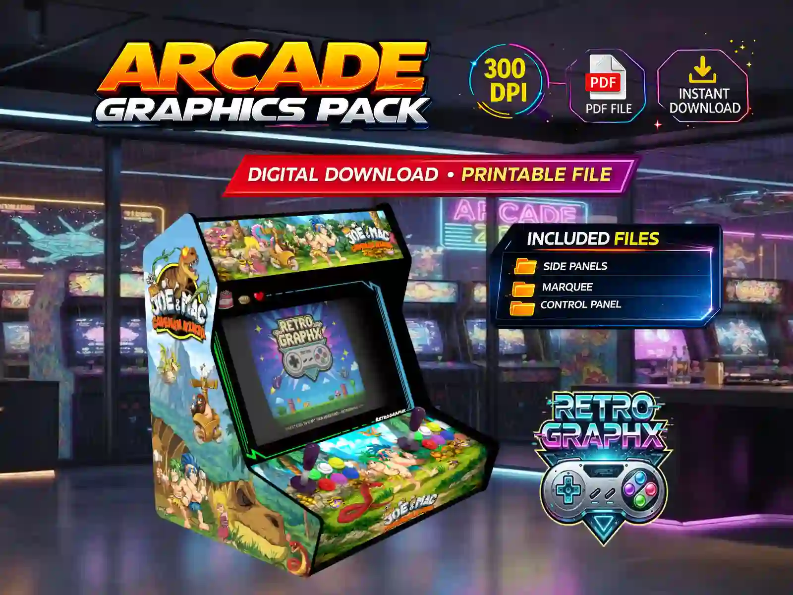 Kit graphique Caveman ninja arcade Design Bartop | Fichiers digitaux PDF PSD - vue du dessus du bartop