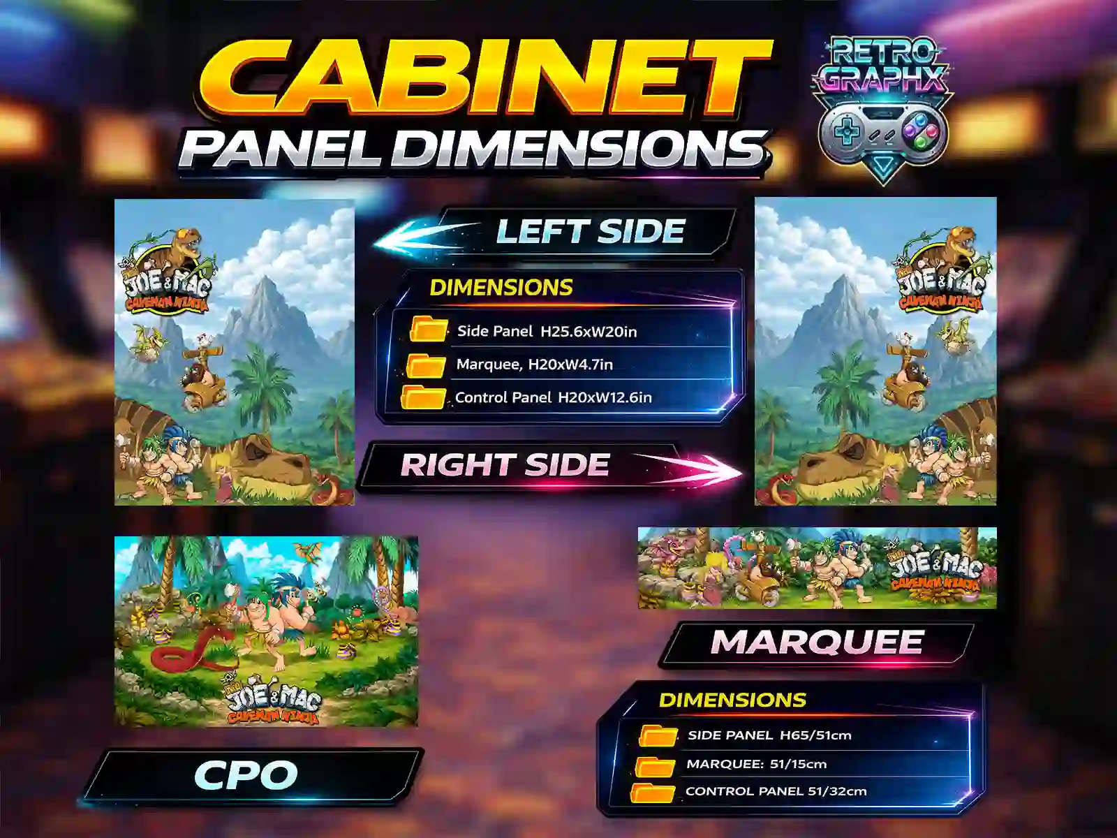 Kit graphique Caveman ninja arcade Design Bartop | Fichiers digitaux PDF PSD - vue d'ensemble du bartop