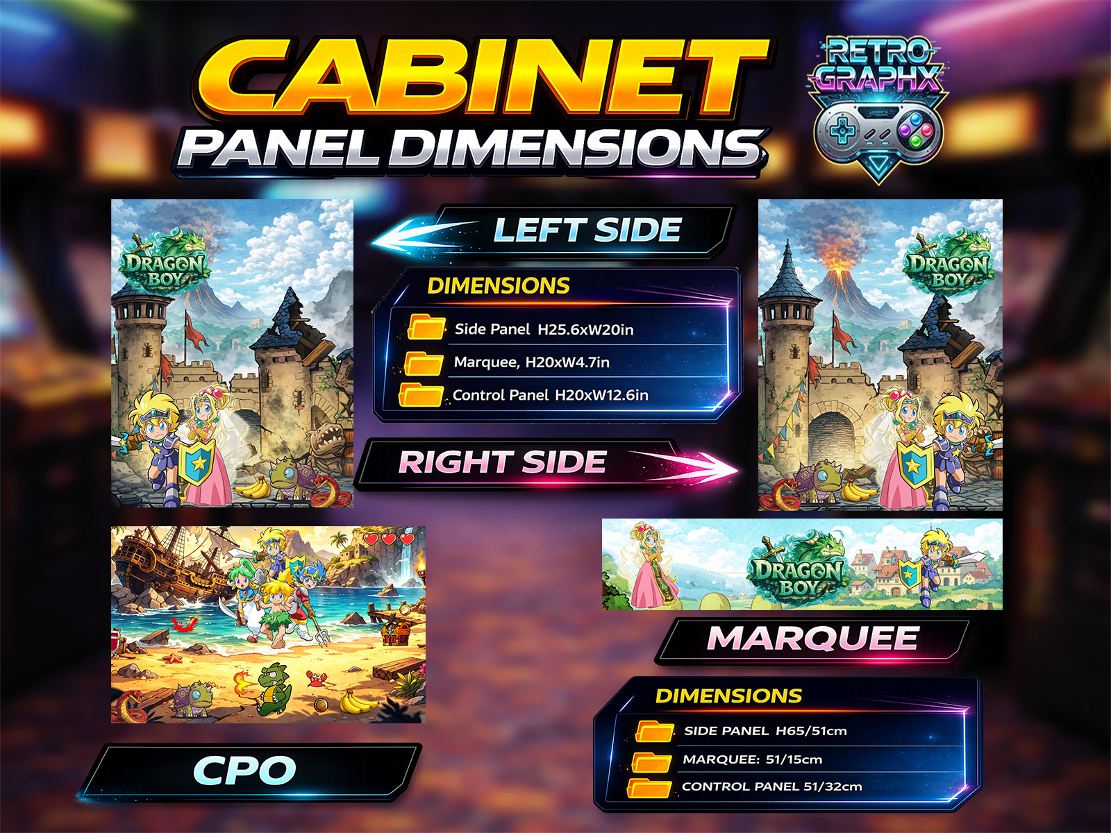 Kit graphique WonderBoy arcade Design Bartop| Fichiers digitaux PDF  PSD - vue d'ensemble du bartop