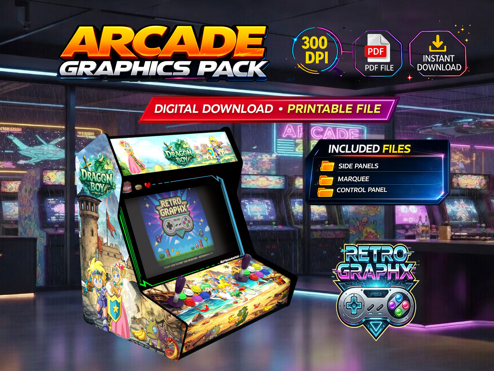 Kit graphique WonderBoy arcade Design Bartop| Fichiers digitaux PDF  PSD - vue de gauche du bartop
