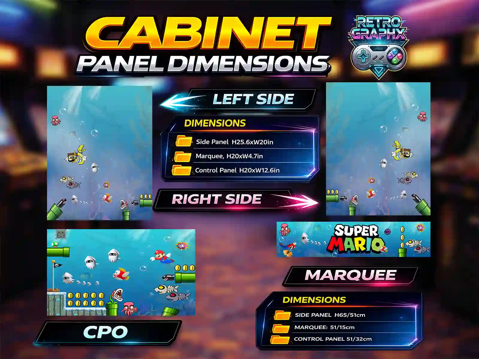 Kit graphique Mario m3 | Design Bartop complet | Fichiers digitaux PDF  PSD - vue d'ensemble du bartop