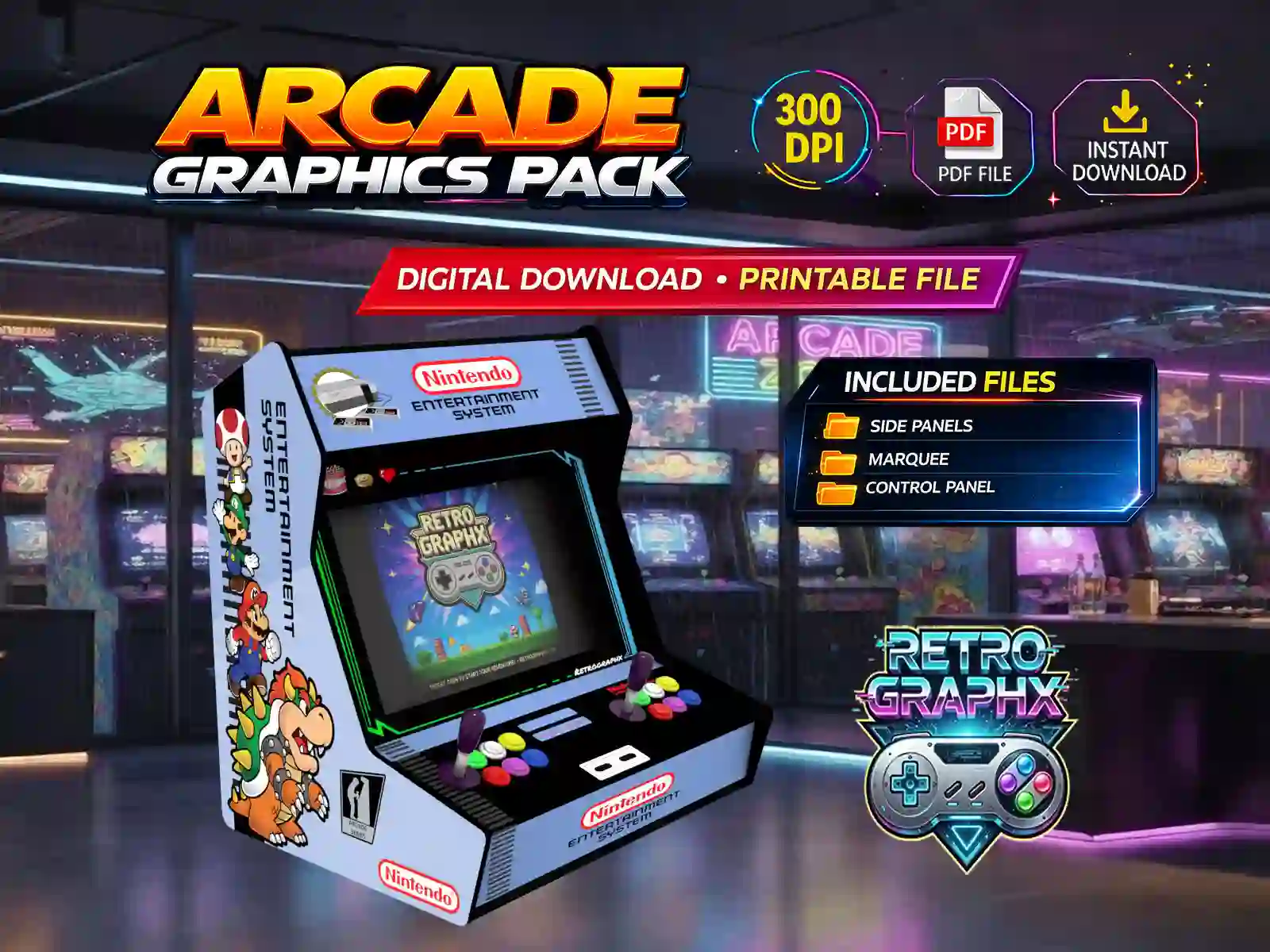 Kit graphique Mario m1 | Design Bartop complet | Fichiers digitaux PDF  PSD - vue de gauche du bartop