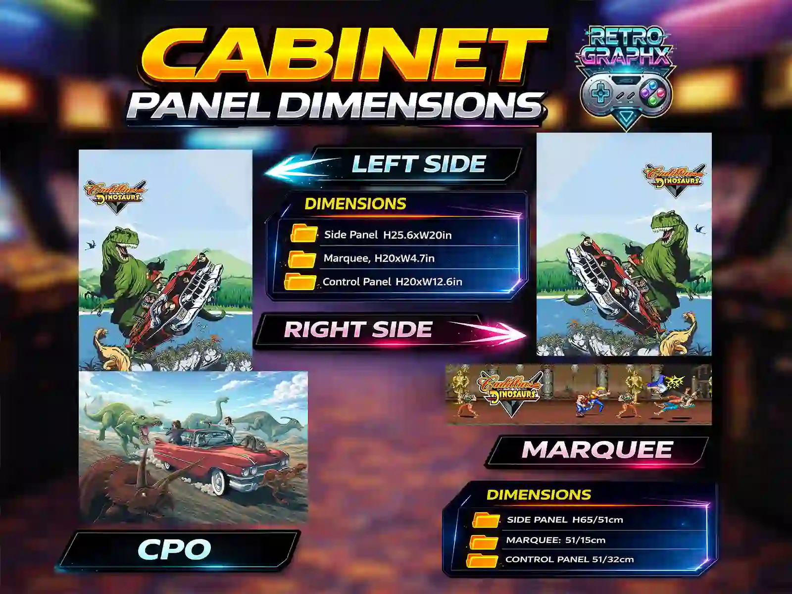 Kit graphique Cadillacs and Dinosaurs | Design bartop complet | Fichiers digitaux PDF  PSD - vue d'ensemble du bartop