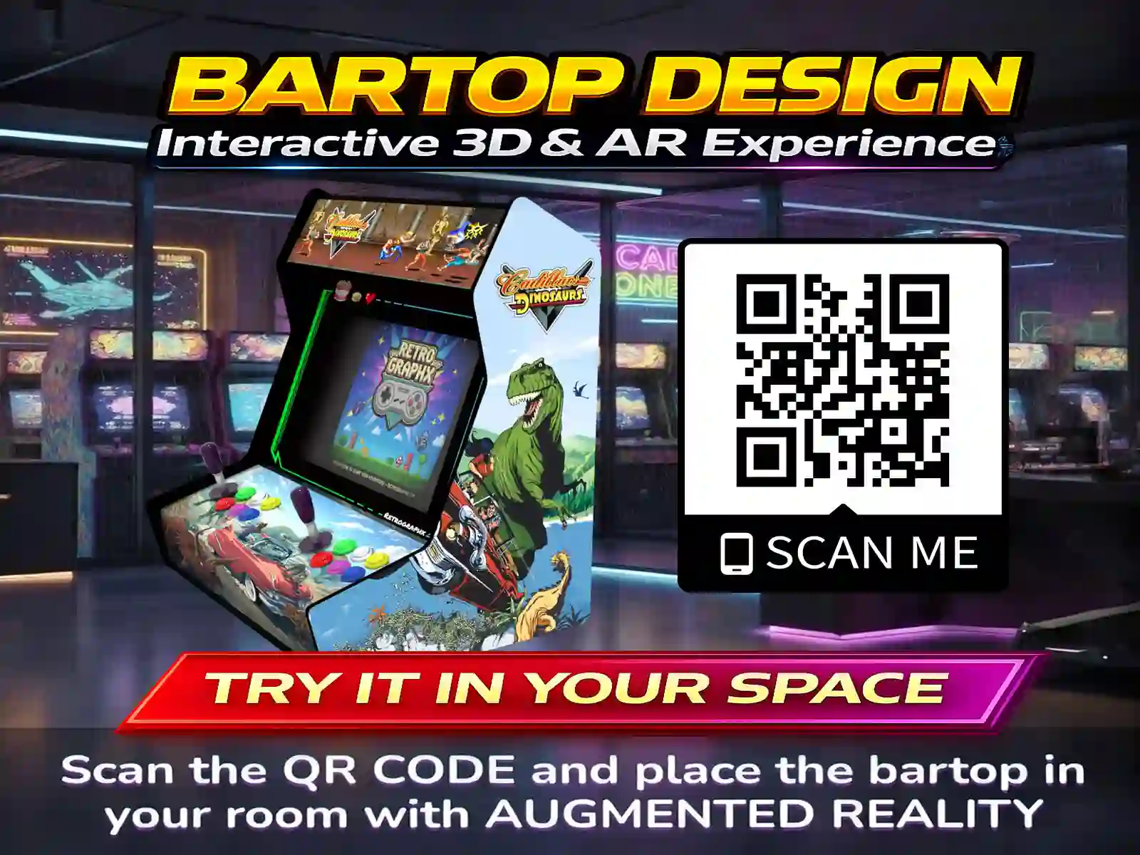 Kit graphique Cadillacs and Dinosaurs | Design bartop complet | Fichiers digitaux PDF  PSD - vue du dessus du bartop