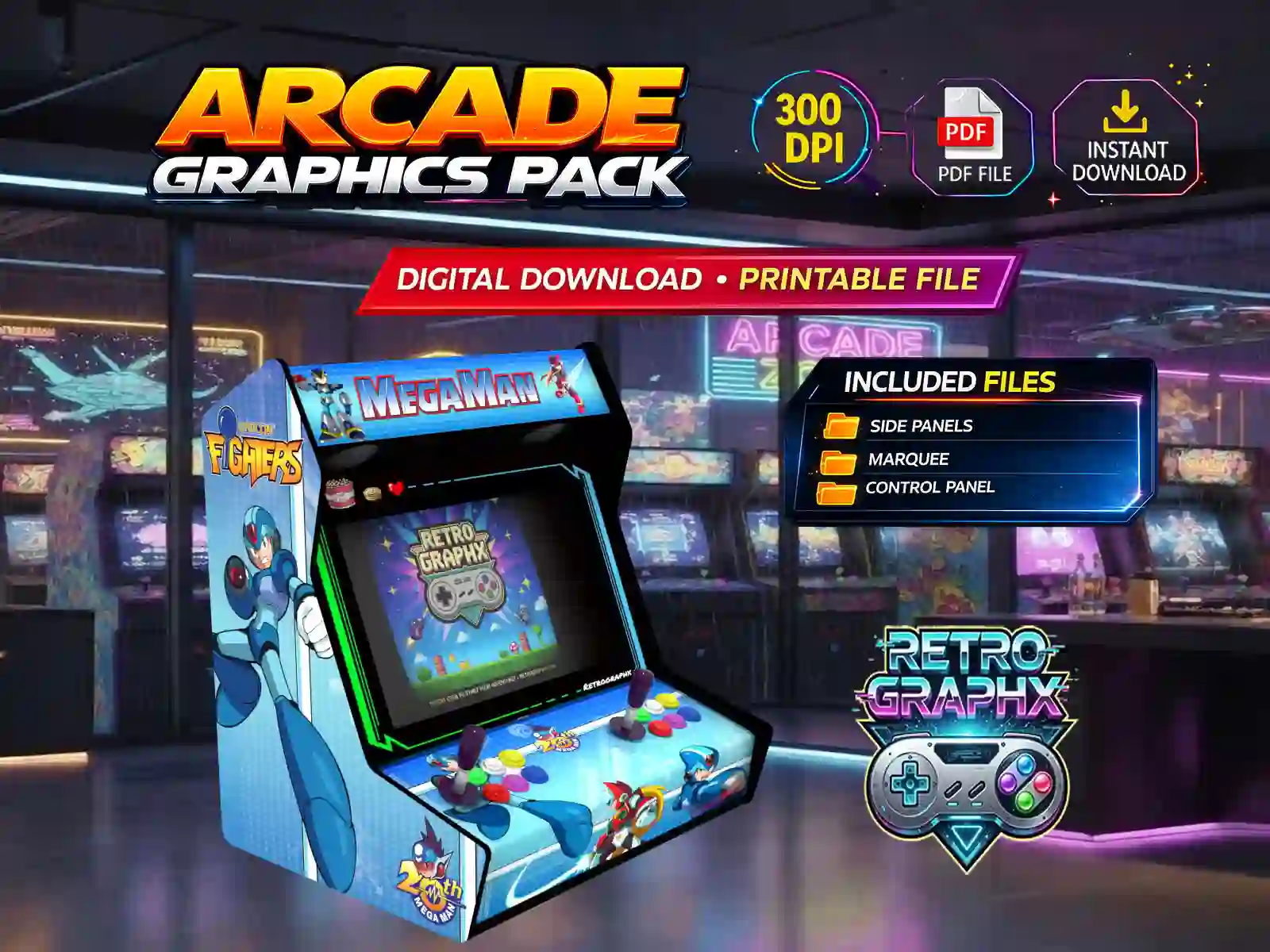 Kit graphique Megaman | Design bartop complet | Fichiers digitaux PDF  PSD - vue de gauche du bartop