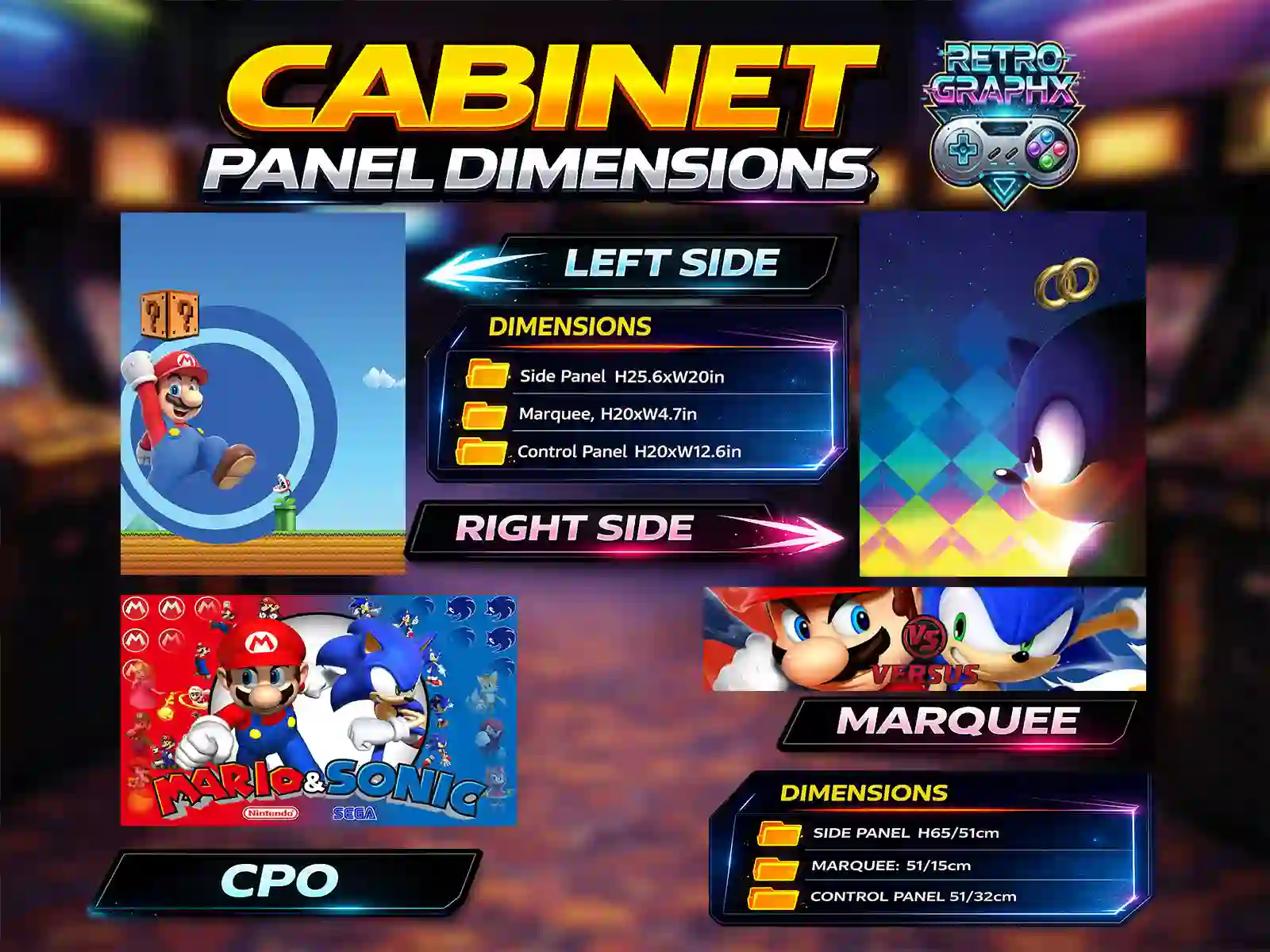 Kit graphique Sonic the hedgehog | Design bartop complet | Fichiers digitaux PDF  PSD - vue d'ensemble du bartop