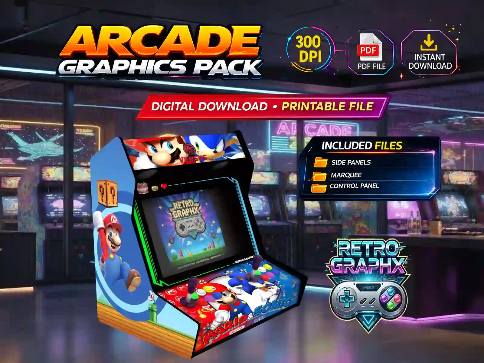 Kit graphique Sonic the hedgehog | Design bartop complet | Fichiers digitaux PDF  PSD - vue de gauche du bartop