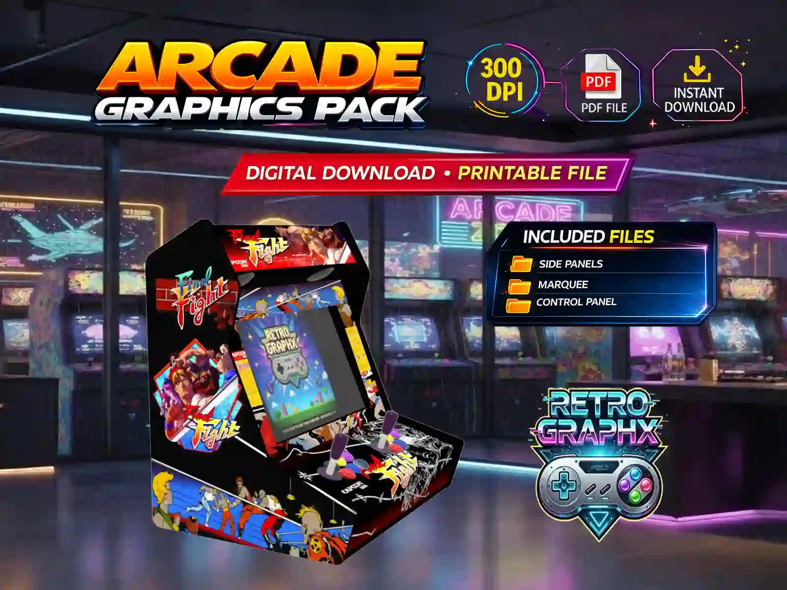 Kit graphique Final fight | Design bartop complet | Fichiers digitaux PDF  PSD - vue de gauche du bartop