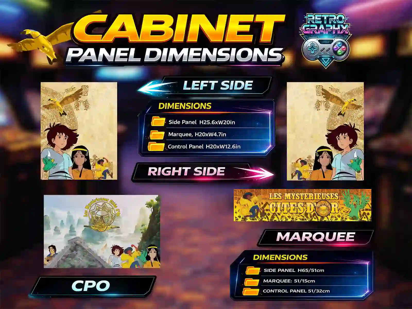 Kit graphique Les cités d'Or | Design bartop complet | Fichiers digitaux PDF  PSD - vue d'ensemble du bartop