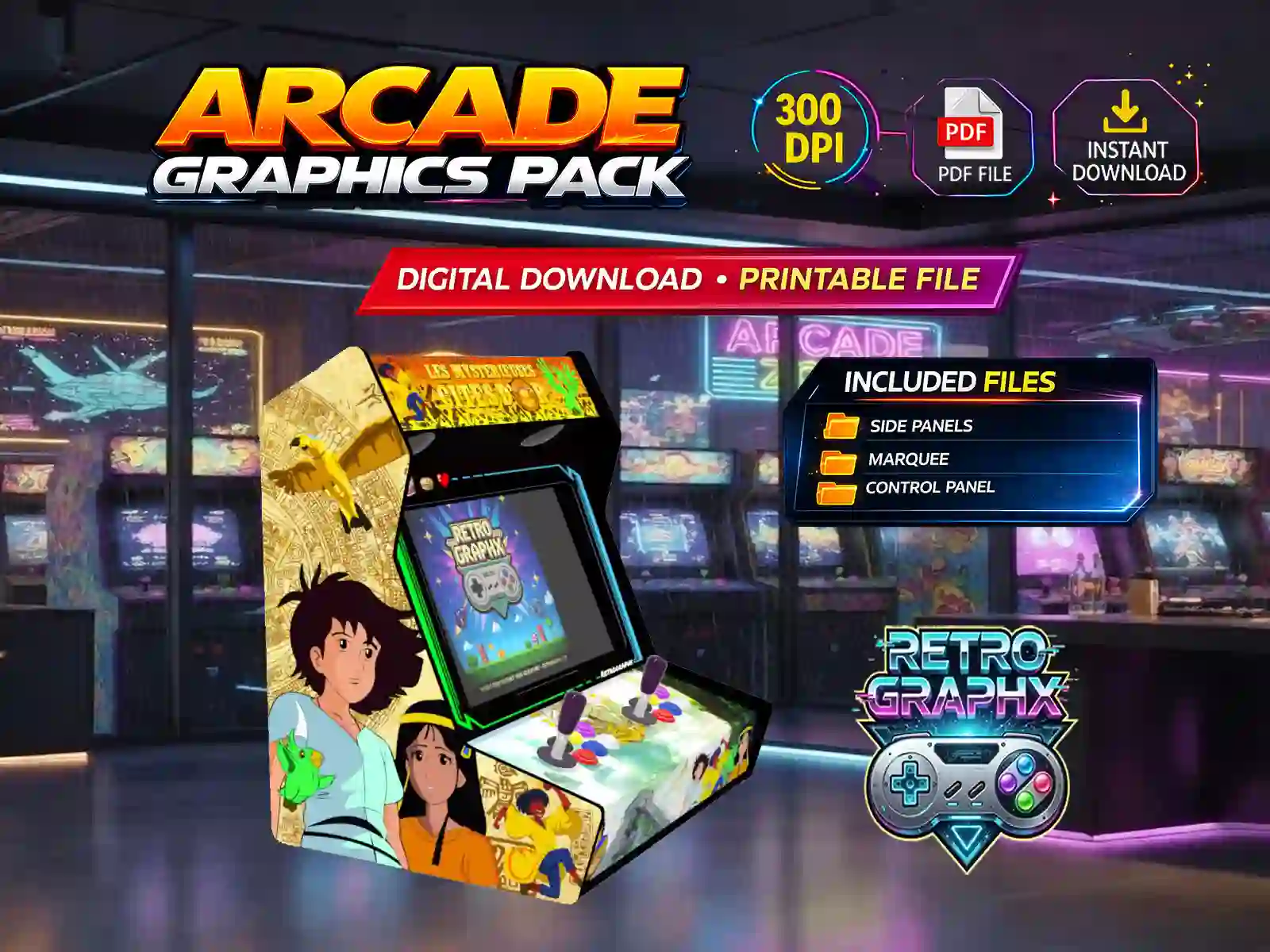 Kit graphique Les cités d'Or | Design bartop complet | Fichiers digitaux PDF  PSD - vue de gauche du bartop