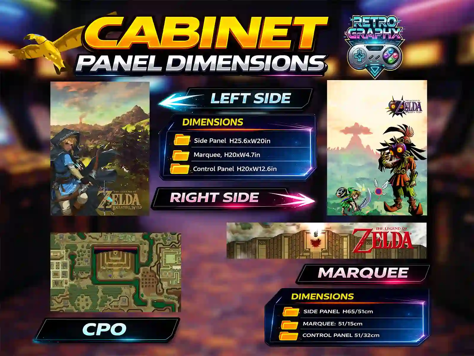 Kit graphique Zelda | Design bartop complet | Fichiers digitaux PDF  PSD - vue d'ensemble du bartop avec control panel