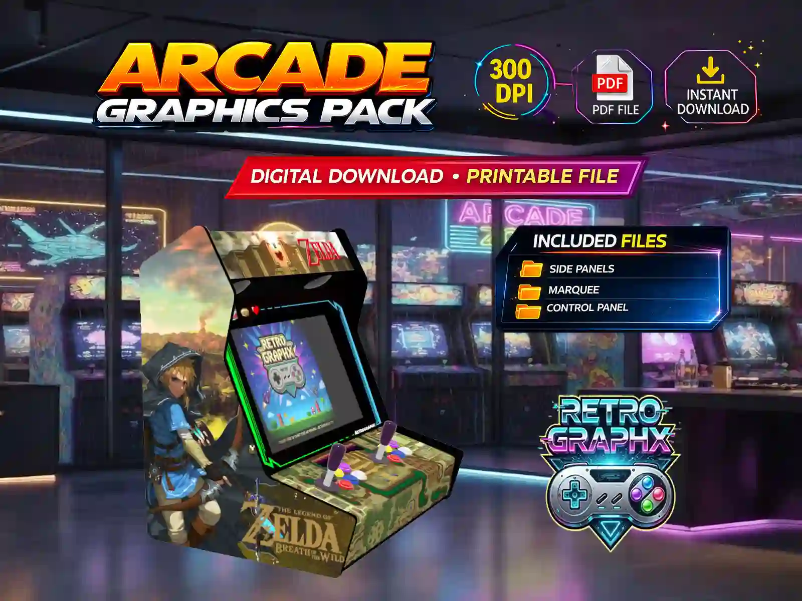 Kit graphique Zelda | Design bartop complet | Fichiers digitaux PDF  PSD - vue de gauche du bartop avec control panel