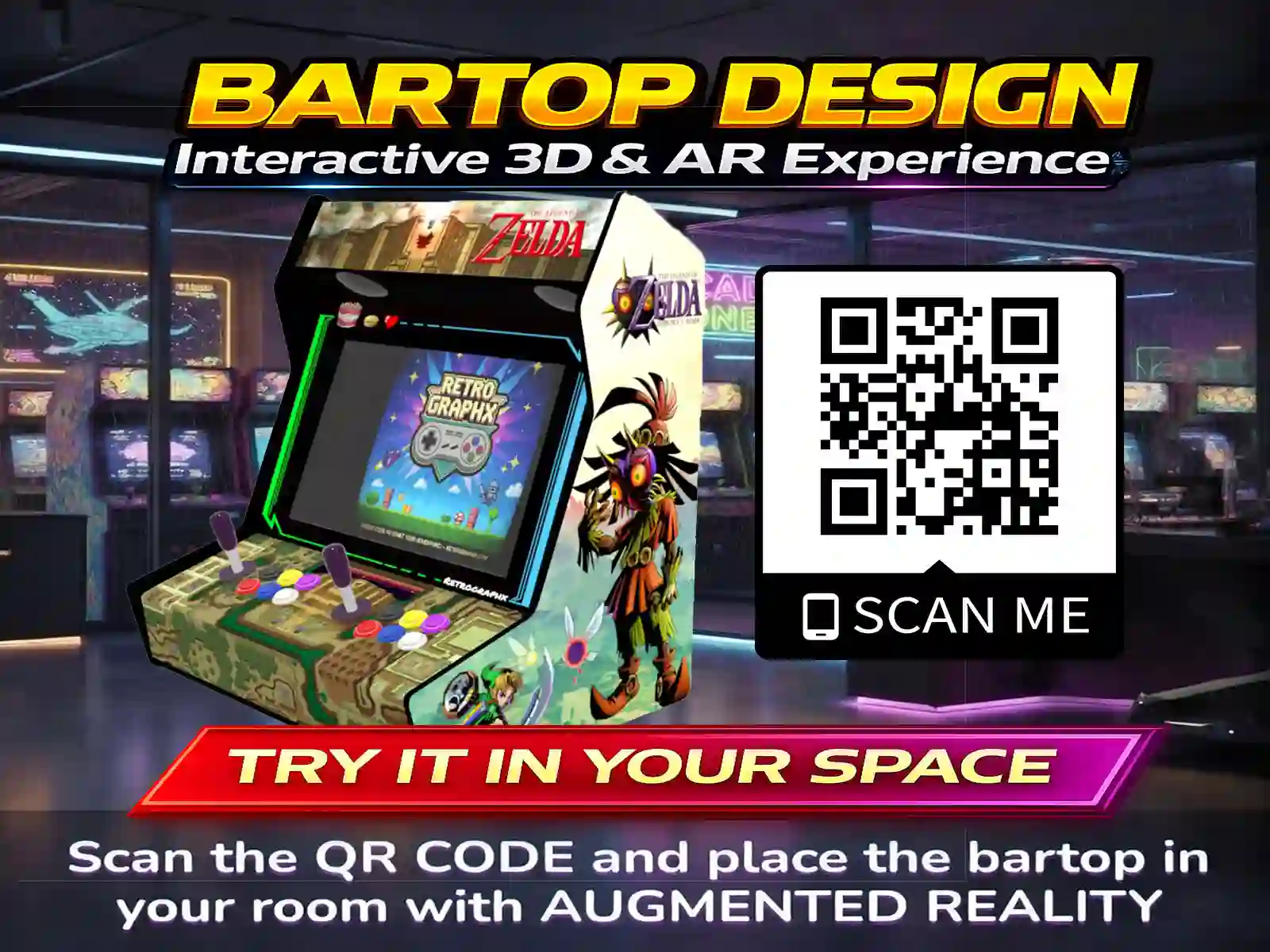 Kit graphique Zelda | Design bartop complet | Fichiers digitaux PDF  PSD - vue du dessus du bartop avec control panel