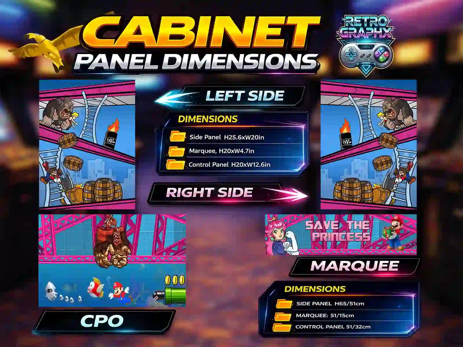 Kit graphique Donkey Kong | Design Bartop complet | Fichiers digitaux PDF  PSD - vue d'ensemble du bartop avec marquee illuminé