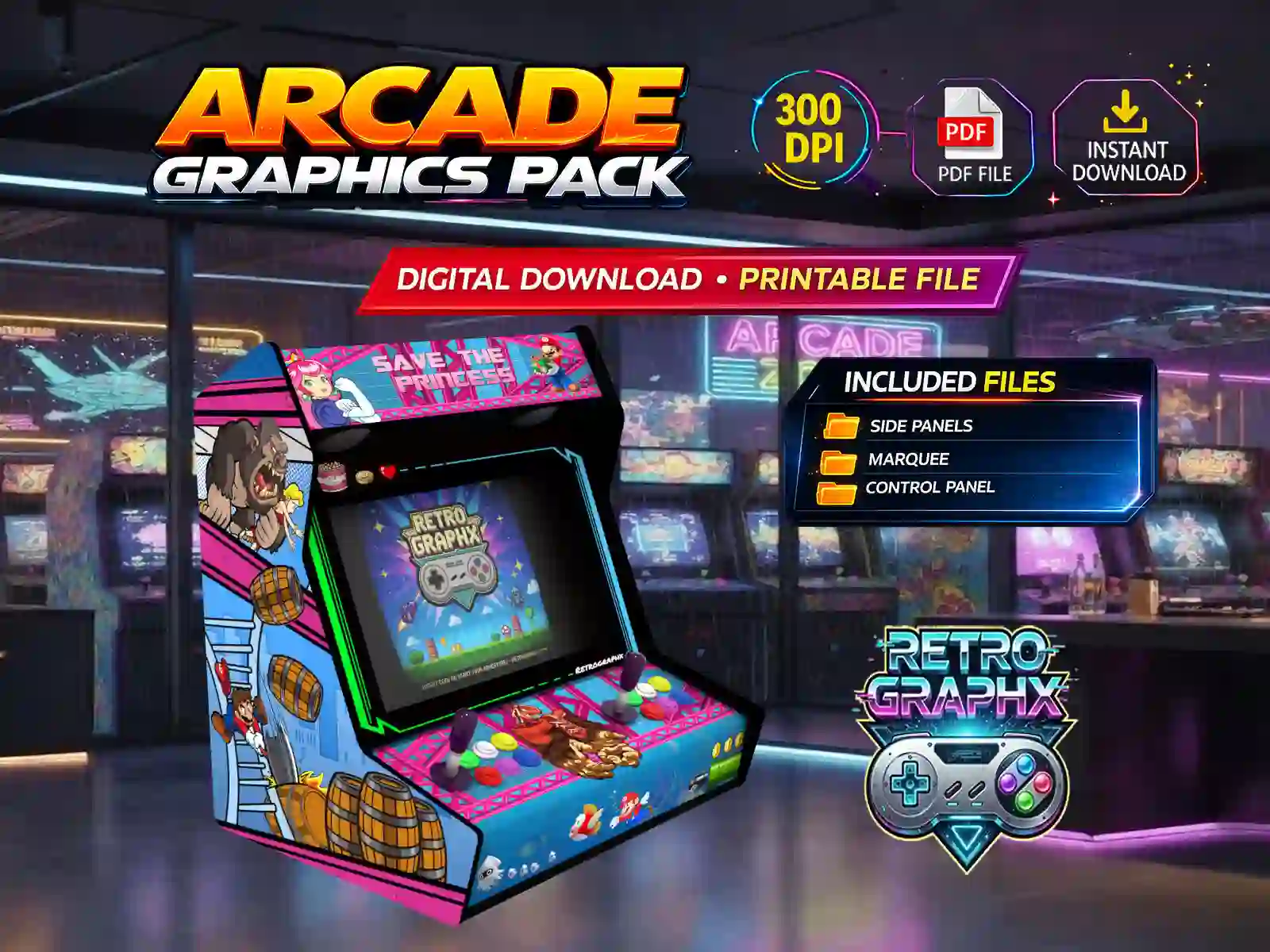 Kit graphique Donkey Kong | Design Bartop complet | Fichiers digitaux PDF  PSD - vue de gauche du bartop avec marquee illuminé