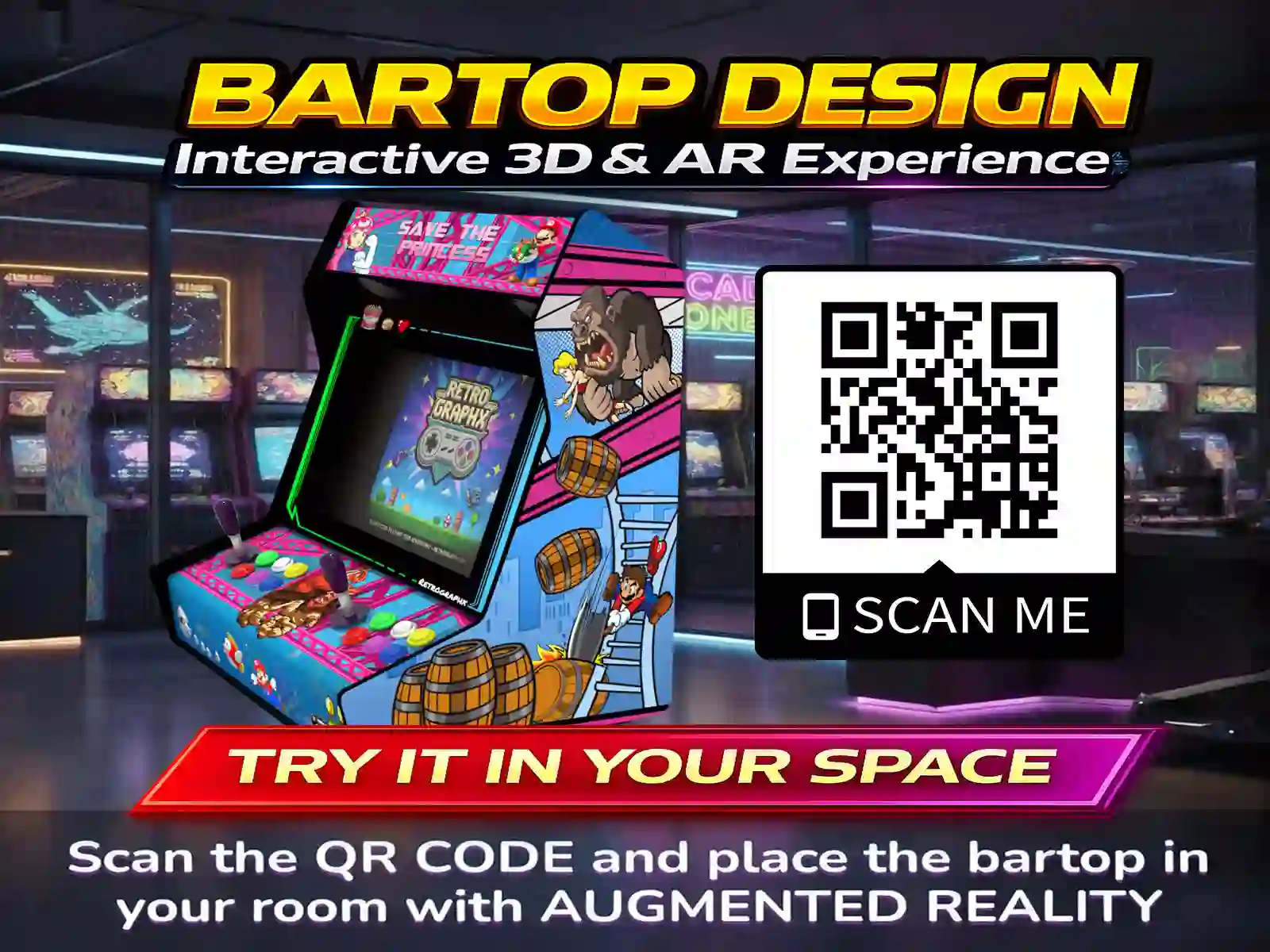 Kit graphique Donkey Kong | Design Bartop complet | Fichiers digitaux PDF  PSD - vue du dessus du bartop avec marquee illuminé