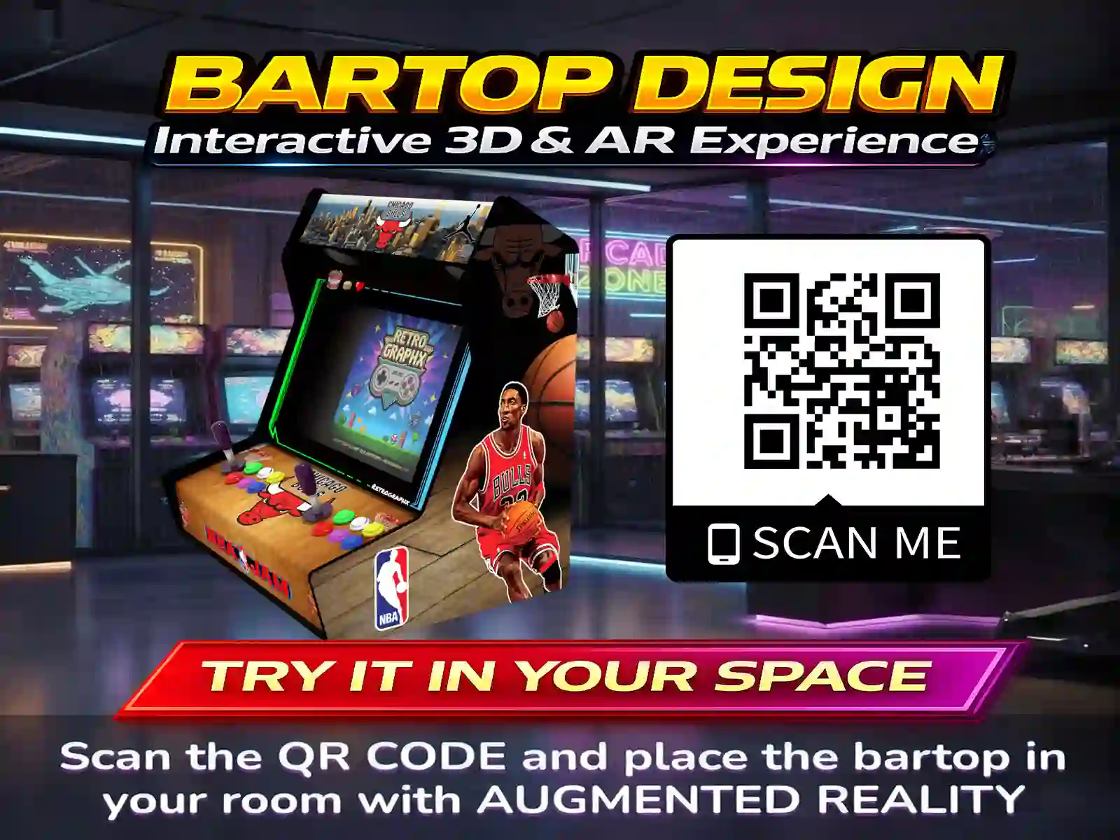 Kit graphique NBA JAM chicago bulls | Design bartop complet | Fichiers digitaux PDF  PSD - vue du dessus du bartop