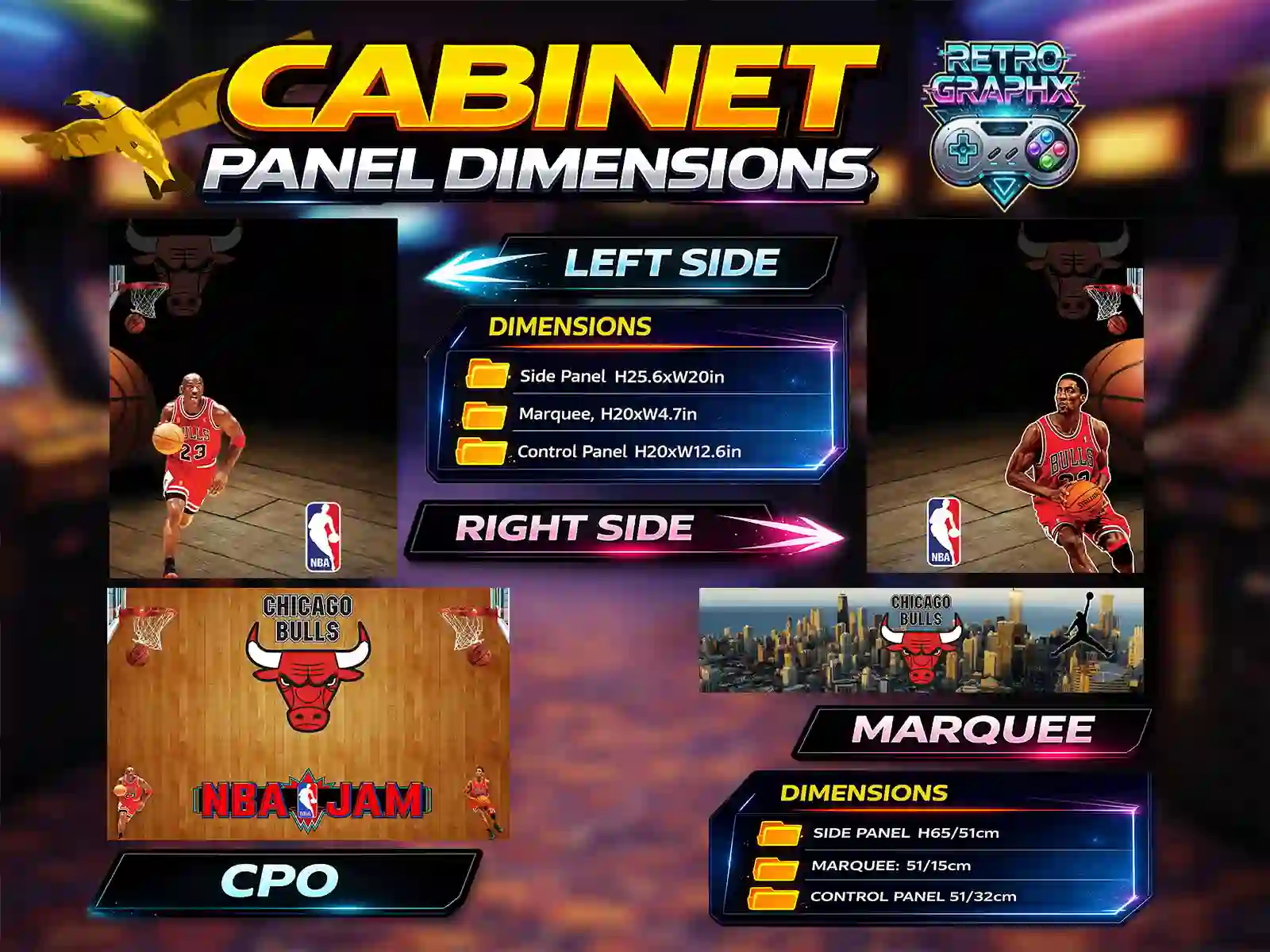 Kit graphique NBA JAM chicago bulls | Design bartop complet | Fichiers digitaux PDF  PSD - vue d'ensemble du bartop