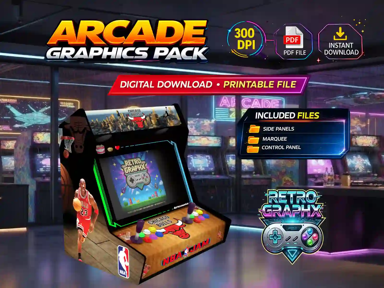 Kit graphique NBA JAM chicago bulls | Design bartop complet | Fichiers digitaux PDF  PSD - vue de gauche du bartop