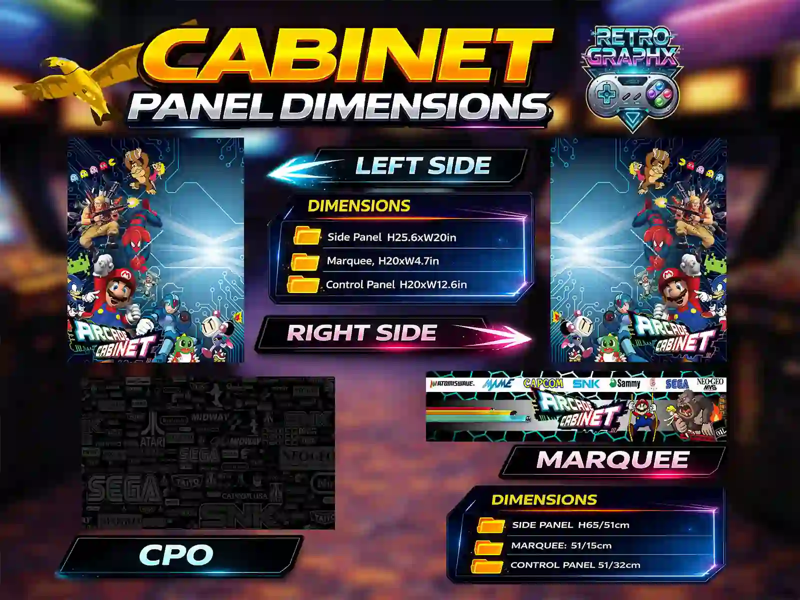 Kit graphique Multicade | Design Bartop complet | Fichiers digitaux PDF  PSD - vue d'ensemble du bartop avec control panel