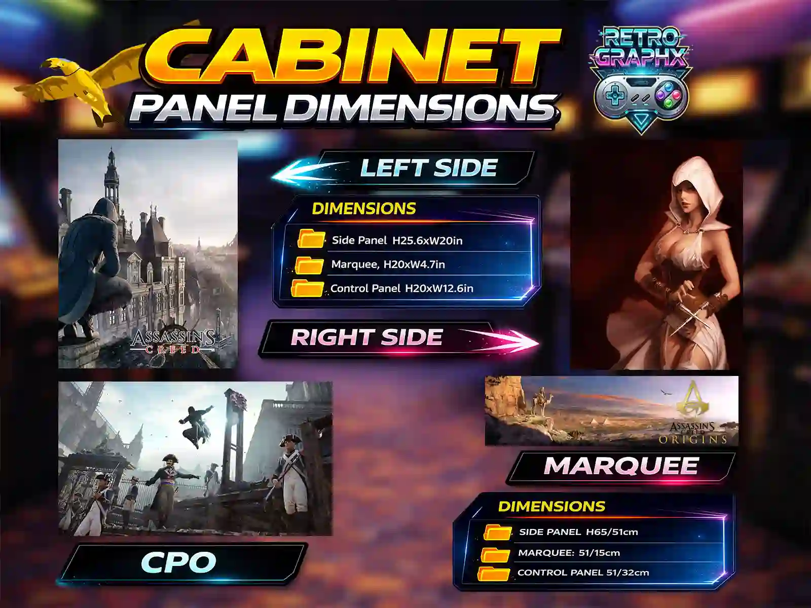 Kit graphique Assassin's creed | Design arcade complet | Fichiers digitaux PDF  PSD - vue d'ensemble du bartop avec marquee illuminé