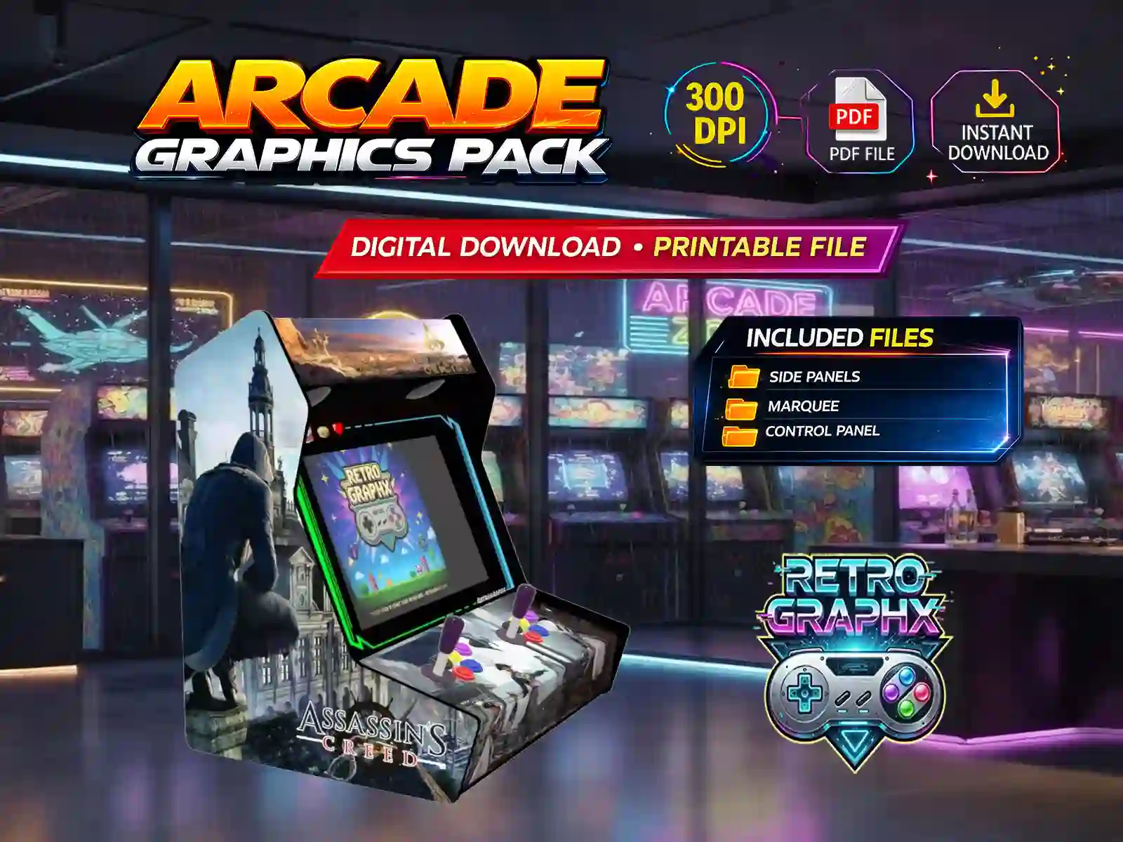 Kit graphique Assassin's creed | Design arcade complet | Fichiers digitaux PDF  PSD - vue du dessus du bartop avec marquee illuminé