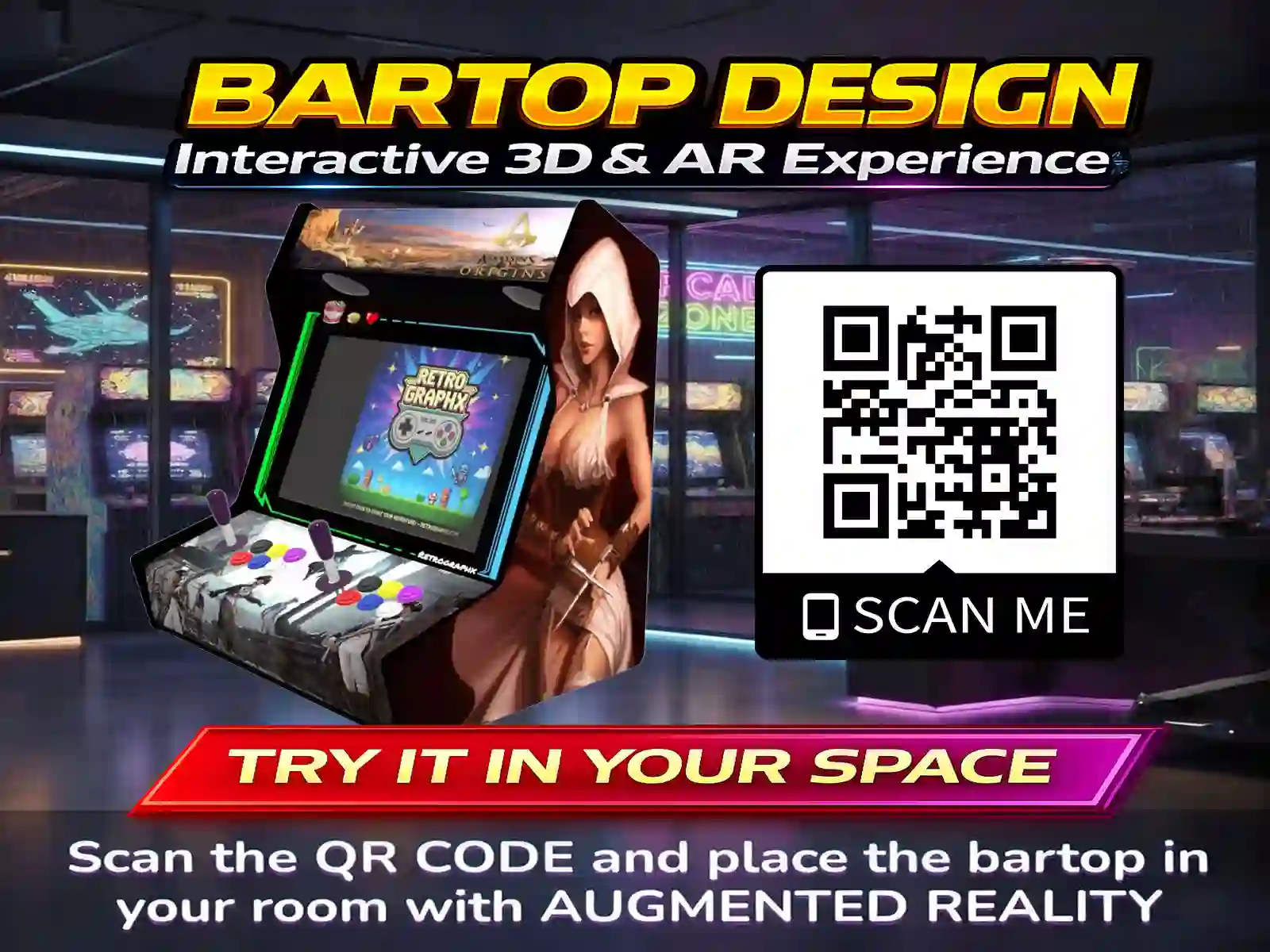 Kit graphique Assassin's creed | Design arcade complet | Fichiers digitaux PDF  PSD - vue du dessus du bartop avec marquee illuminé