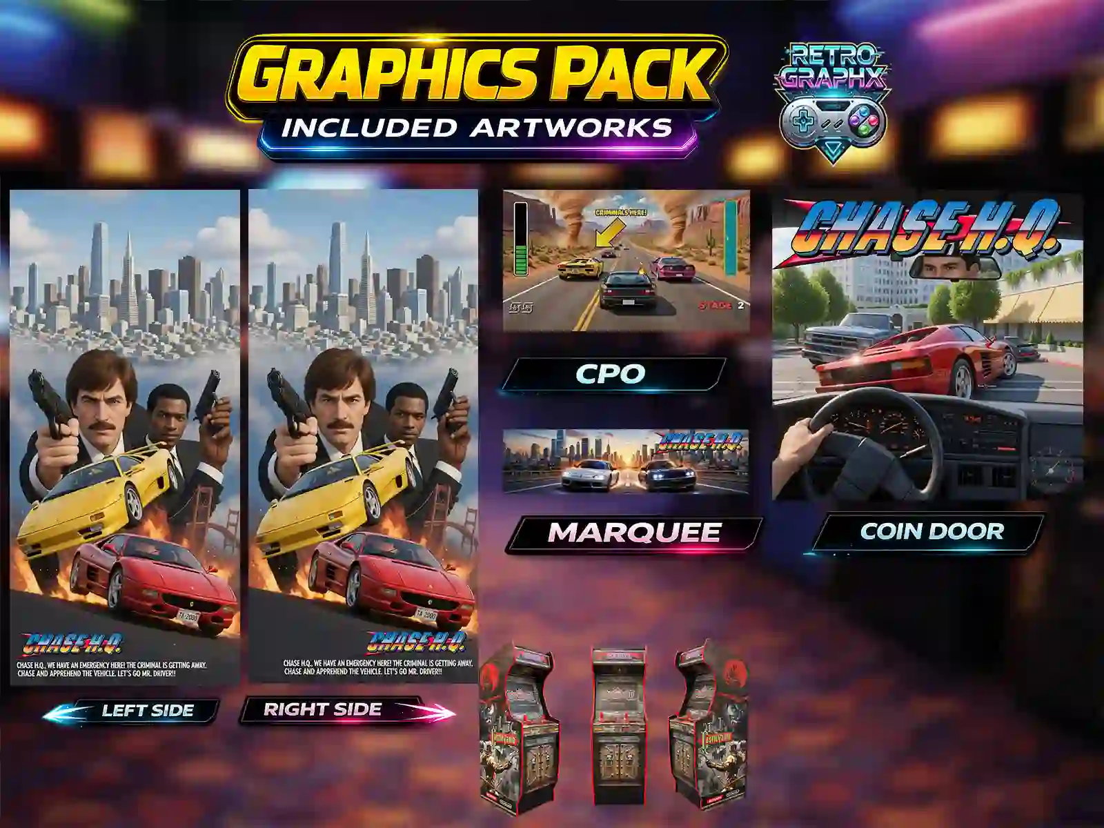 Design arcade Chase HQ |pack graphique arcade | Fichiers Digitaux pour borne d'arcade - PDF PSD - vue de gauche